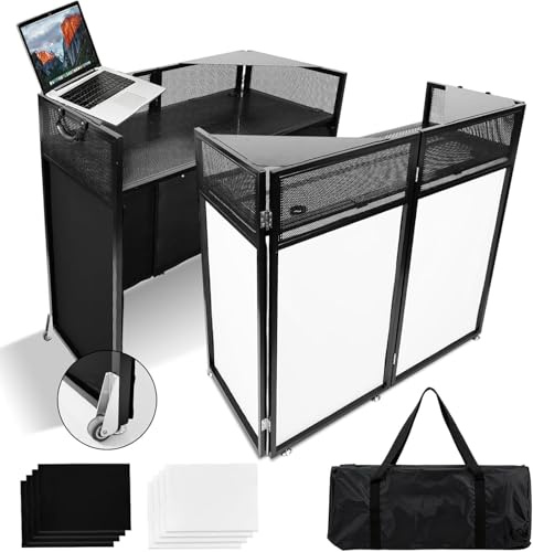 WUDLEP Upgraded DJ Booth with Wheels, 40x20x46 DJ Facade Booth with White and Black Scrim, Portable Foldable DJ Table Stand with Carry Bag, for Party, Event, Wedding