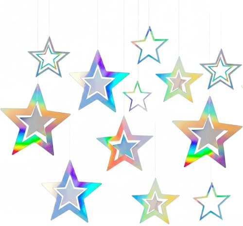 Whimzey 14 Stk Glitzer Girlande Sterne Deko,Sternengirlande Bunt, Stern zum Aufhängen,Papierstern für Geburtstagsdeko,Silvester Deko,Christbaumschmuck,Winter,Weihnachtsdeko,Weihnachtsstern Fensterdeko