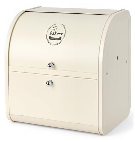 Osrioal Bread Bin, Large Bread Bin for Kitchen, 2 Tier Bread Storage Box with Roll Top Lid | Stainless Steel |Cream | Double Layer |30 x 25 x 32.5cm