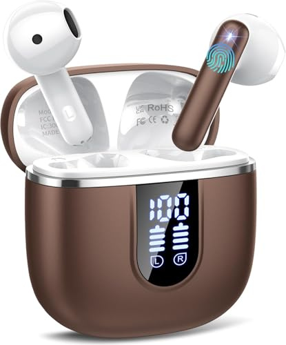 Wireless Earbuds with 6D Stereo, Bluetooth Headphones for Work, Sport,Taupe | Bluetooth 5.4, ENC Noise Cancelling,USB-C Fast Charging, IP7 Waterproof, Mini Ear Buds with Big Bass, Android iOS,LED Display