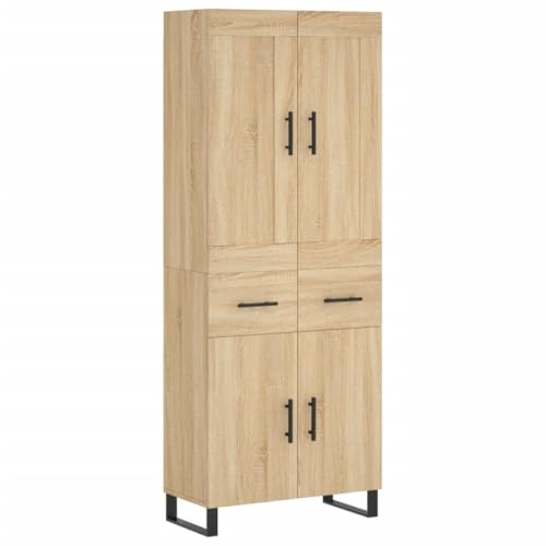 mtlskopl Highboard in Sonoma-Eiche 69,5 x 34 x 180 cm, Wohnzimmerschrank aus Holzwerkstoff, moderner Mehrzweckschrank mit Türen und Metallfüßen für Wohnzimmer und Essbereich