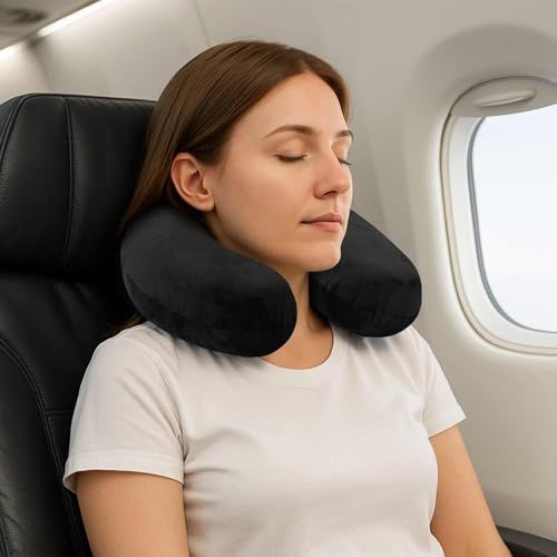 LoogCape Reisekopfkissen für den Nacken Schwarz Viscoschaum ergonomisch atmungsaktiv waschbar für Seitenschläfer Bauchschläfer Rückenschläfer, leicht, flexibel, mit abnehmbarem Bezug