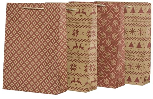 100% Mosel Geschenktüten Weihnachten, Natur/Rot, 12 Stück (25 x 34 x 8 cm) | Weihnachtstaschen aus Kraftpapier, Geschenkverpackung im Skandilook