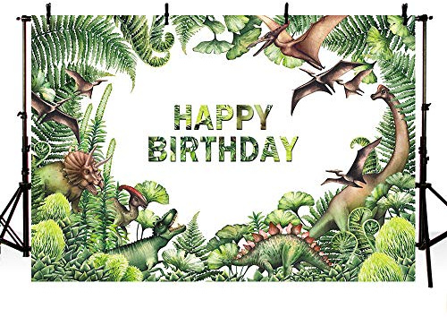 MEHOFOTO Fotostudio-Hintergrund mit Dinosaurier-Motiv, Safari, Dschungel, grüne Blätter, Kindergeburtstag, Party, Dekoration, Banner, Hintergrund für Fotografie, 2,1 x 1,5 m