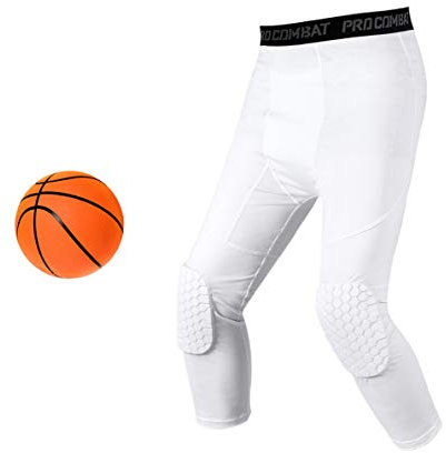 Compression Pants with Pads, White 3/4 Capri Compression Tights Leggings for Men Women Boys Girls, Youth Knee Pads for Basketball Softball Volleyball Soccer