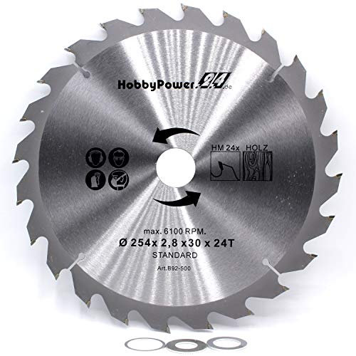 1 Kreissägeblatt Sägeblatt 254x30mm 24 Zähne + 3 Reduzierringe auf 25,4/20 / 16 mm für Metabo Kappsäge KS 254 Plus, Kappsäge KGS 254 M