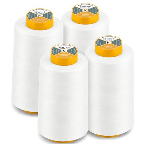 AK Trading 4-pack vita koner för allsidig sömnad (6 000 meter vardera) med högdragbara polyestertrådspolar för sömnad, quiltning, sergermaskiner, overlock, merrow och handbroderi