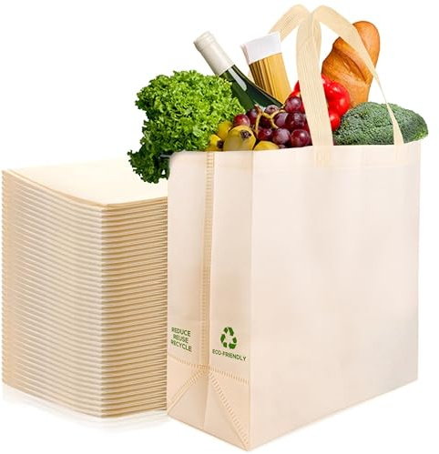 Simply Cool Reusable Grocery Bags Eco-Friendly - Large Reusable Shopping Bags, Heavy Duty Grocery Bags, 14.5x14x6.6 Foldable, Tote Bags Bulk (50 Pack, Cream)