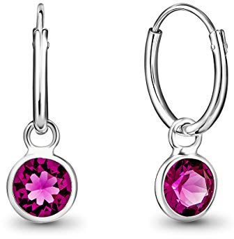 925 Sterling Silver Small Endless Hoops Earrings with Round Dangling Crystals 5 mm - Fuchsia Sleeper Earrings for Women - Thickness 1.5 mm - Outer Diameter: 14 mm