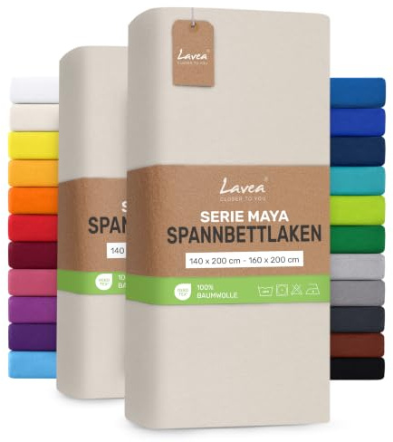 Lavea® 2er Pack Jersey Spannbettlaken 140/160x200cm – Creme Naturweiß