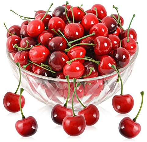 LUEYAO Artificial Cherry Fruit Fake Cherries Red Simulation Red Black Cherries Artificial Cherry Decorations Fake Fruit Model Home House Kitchen Party Decoration 100 PCS