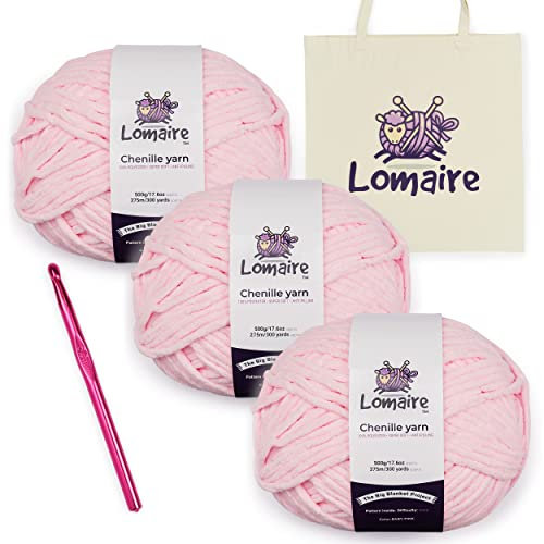 Lomaire Häkelset für Decke - 1,5 kg/900 m Chenille-Garn zum Häkeln und Stricken, 8 mm Häkelnadel und Baumwolltasche - Strick- und Häkelzubehör