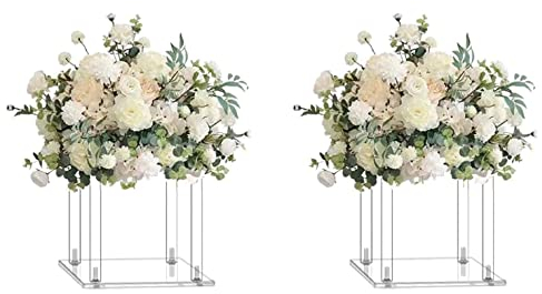 Simprefine 2 Pcs 10 Inches Acrylic Crystal Centerpieces for Wedding Table Decoration Backdrop Flower Stand Clear Column Pillar for Mariage Event Party Floral Décor