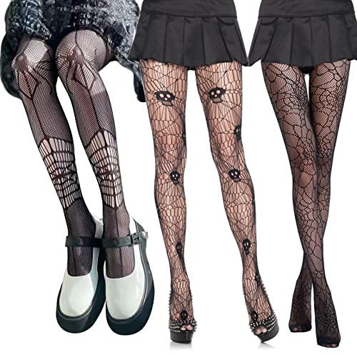 3 Paar Netzstrumpfhose Schwarz Halloween, Netz Strumpfhose Totenkopf Spinnen, Spinnennetz Strumpfhose, Skelett Strumpfhose Damen, Halloween Kostüm Accessoires Tag Der Toten Festival Karneval Strümpfe