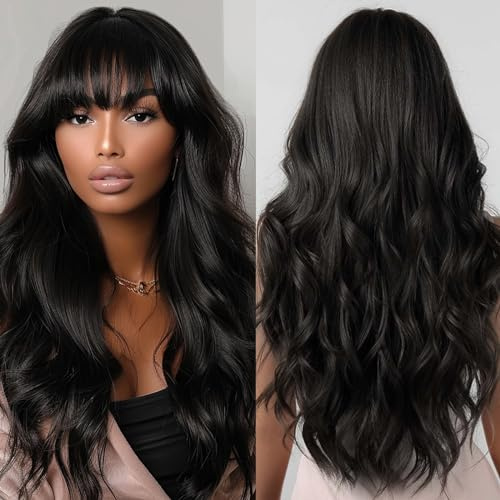 Allebll Perücke Damen Lange Gewellte Schwarze Perücken mit Air Bangs für Frauen Afro natürlich aussehendes hitzebeständiges Kunsthaar