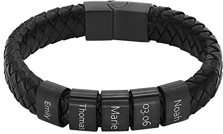 Heideman Armband Herren Titus Leder Edelstahl Gravur | Titus Herren-Lederarmband schwarz, schwarze Gravurplatten, Edelstahl, personalisierbar, Magnetverschluss, Geschenk für Männer