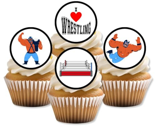 Wrestling Theme Edible Cupcake Toppers – Lucha Libre Party Decorations, Pro Wrestler Cake Toppers, Wafer Wrestling-Ring Cake Decorations PRECUT 1.5 Inch/4cm Discs (Pack of 24)