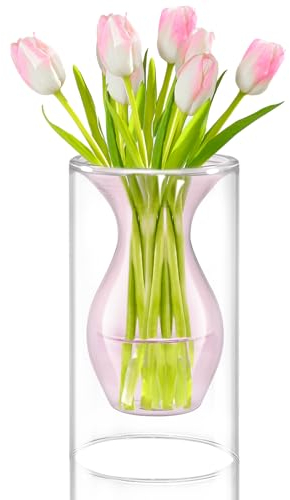 ZENS Unique Pink Small Flower Vase, Double Hollow Floating Clear Glass Vase, Modern Decorative Hand Blown Cool Bud Vase for Home Small Bouquet, Wedding Centerpieces