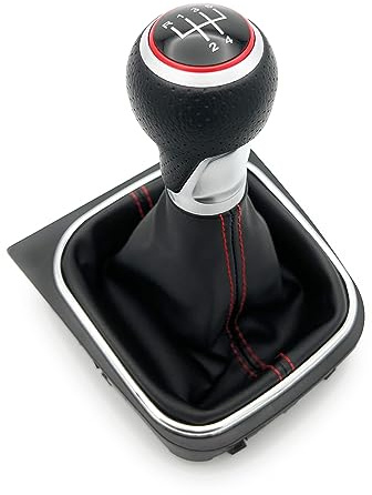 SYNCPARTS 5-Gang Schaltknauf, PU-Leder, Sport-Design, Komplettset für VW Golf 5/6, EOS, Jetta-5/6, Scirocco 3, Schwarz, Rot
