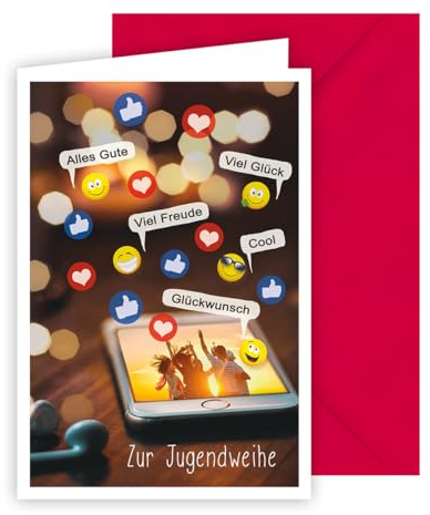 KE - Jugendweihe Karte Glückwunschkarte für Jungen und Mädchen, inkl. Umschlag, Jugendweihekarte, DIN B6 Format, Motiv: Handy, Emojis