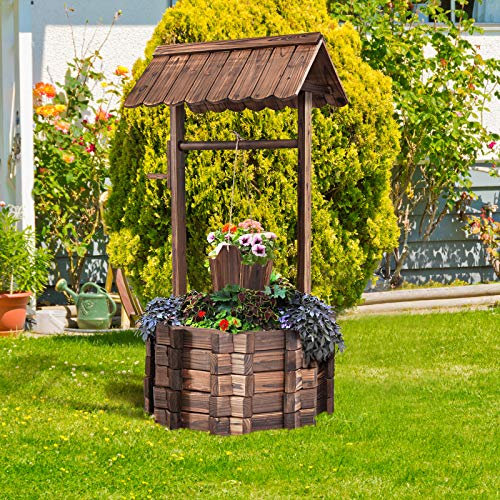 RELAX4LIFE Puits Décoratif de Jardin en Sapin, Boîte à Fleurs de Puits d'eau Créative avec Seau Suspendu, Pot de Fleur en Bois Anticorrosion Carbonisé, Protection Contre Les Intempéries
