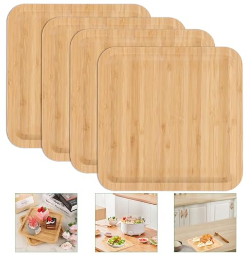 VIDETOL 4 Pièces Plateau en Bambou, 20 X 20 X 2 cm Plateau en Bois, Plateaux Carré, Plateau de Service pour Les Fruits, Les Pots, Les Desserts, Le Café, La Pain