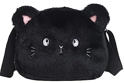 CLSSLVVBN Cartoon Katze Mädchen Umhängetaschen niedlich Plüsch Kinder Messenger Umhängetasche Winter verstellbare kleine Geldbörse, Schwarz