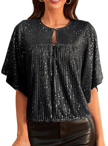 GRACE KARIN Top da donna con maniche a 1/2, scollo rotondo, con paillettes, Nero , S