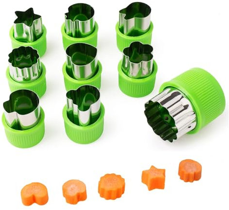 Juego de 9 Cortadores de Frutas y Verduras para Niños, Moldes de Galletas de Acero Inoxidable con Cubierta Protectora, Mini Cortadores en Forma de Flor,Patrón Flor Estrella y Animal