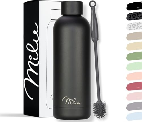 Milu Thermosflasche 500ml Isolierte Edelstahl Thermo Trinkflasche Thermoskanne Auslaufsichere Isolierflasche doppelwandig - Kohlensäure geeignet – inkl. Reinigungsbürste (Black, 500ml)