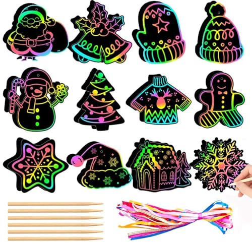 24 Pezzi Scratch Art di Natale, Bambini Natalizie Scratch Art, Natale Fiocchi di Neve Scratch Art, Carta da Grattare Natalizie, Fogli di Disegni Scratch Art Natale, per Decorazioni Albero di Natale