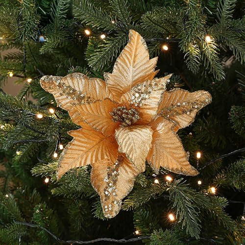Champracer 4 Stück Weihnachtsbaum Deko Künstliche Glitzer Weihnachtsblumen Weihnachtsbaum Blumen Dekoration für Neujahr Ornamente Anhänger und Kranz (Gold)
