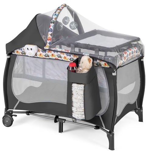 COSTWAY Cuna Bebe 4 en 1, Cuna de Viaje Bebe con Colchon, Parque Infantil con Cuna Desmontable, Cambiador, Dosel con Red y Caja Musical para Niños, Ruedas y Bolsa de Transporte (Multicolor)