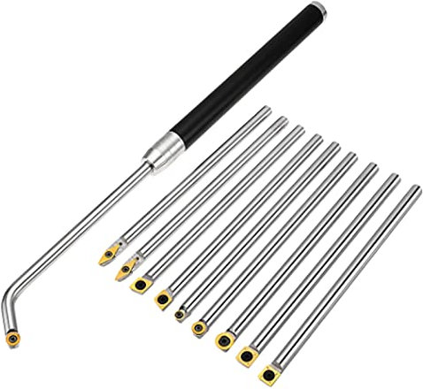 Chisels , Carbide Tipped Wood Turning Tools 10Pcs Set with Titanium Coated Lathe Rougher Finisher Swan Neck Hollowing Tools Interchangeable Aluminum Alloy Grip Handle with Diamond Round Square Carbide