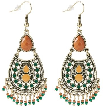 Beadthoven 2 par glasfröpärlor dinglande örhängen färgglada boho etnisk retrostil pärlhängen örhängen tårdroppe dinglande örhänge för kvinnor smycken, grön, Glas