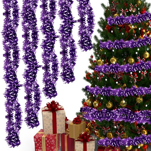 Trimming Shop 10m Purple Wide Chunky Christmas Tinsel Garland Shiny Metallic Foil Twist Xmas Tree Garland for Festive Party, Holiday Celebration, Indoor & Outdoor Hanging Decorations