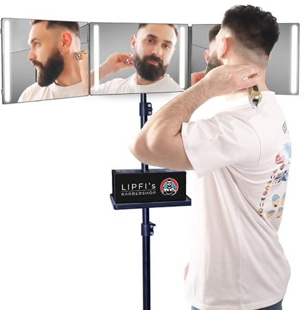 LIPFISBARBERSHOP.COM Miroir 360° avec Trépied, Crochets et Support Réglables : Miroir Pliable Compact 3 Faces avec 4 LED, Recharge USB-C pour Hommes et Femmes – Coupe de Cheveux, Rasage, Maquillage