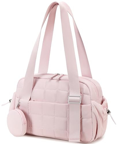 CAMTOP Mini Gym Bag for Women, Small Gym Tote Bag Puffy Quilted Sports Duffel Bag with Wet Compartment and Coin Purse Duffel Bags Dance Yoga Workout Bag for Gifts (All Coral Pink, Mini-12.6)