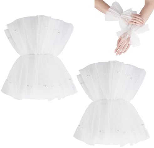 AHANDMAKER Kurze Fingerlose Spitzenhandschuhe Hochzeitshandschuhe Aus Perlentüll Perlen Mesh Tüll Handschuhe Handfesseln Handschuhe Für Hallowmas Maskerade Hochzeit Party Tee Party
