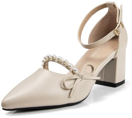 qibusleen Stängd tå ankelrem häl med rosett för kvinnor Dressy komfort låg blockklack pumps skor damer pärlrem spetsade beige klackar, Beige, 43.5 EU