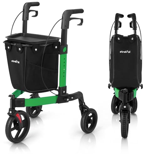 StrollAid 3 Wheel Walkers for Seniors, Foldable Rollator Walker with Tray & Large Storage Bag, 10 Big Wheel for All Terrain, 350 lb Weight Capacity, Green