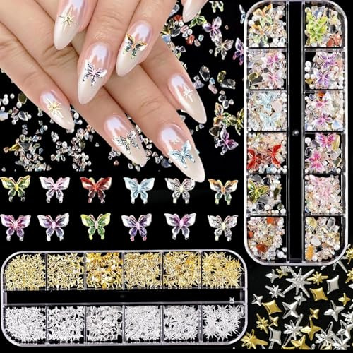 Feegela 2 Boîtes Ongle Nail Art,24 Styles Decoration Ongle | Deco Ongle en Métal,Papillons Ongles Nail Art Charms,Rivets Or Ongles pour Décoration Ongles Art,Deco Ongles pour Manucure