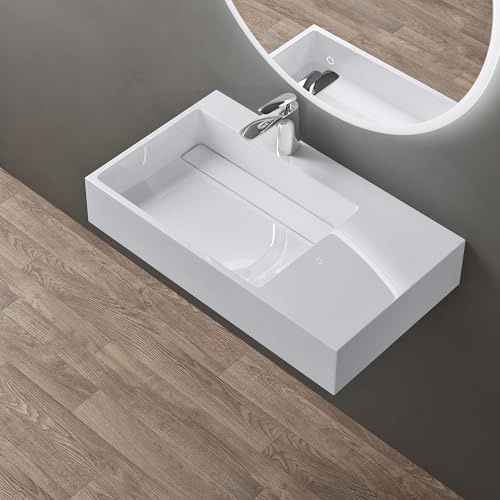 doporro Waschbecken 75x43x14cm mit verstecktem Ablauf weiß eckig | Waschtisch aus Mineralguss als Aufsatzwaschbecken und Hängewaschbecken geeignet, robust und leicht zu reinigen, Colossum12-L