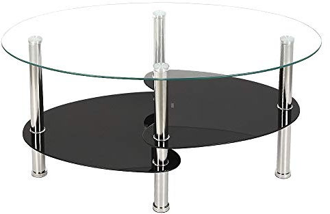 WODFARR Couchtisch aus Hartglas, einfach und elegant, Wohnzimmer mit Metallbeinen, 90 x 50 x 43 cm, transparent + Schwarz