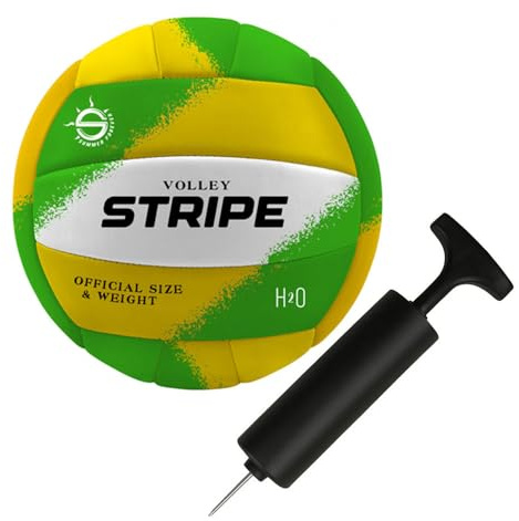SACAR Pallone Beach Volley Stripe Size 5 – Cucito in Pelle con Ago Incluso – Soft Touch Antiscivolo – Ideale per Spiaggia, Campeggio, Parco (GREEN/YELLOW)