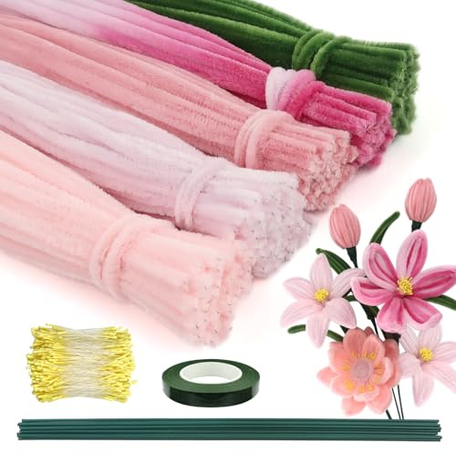 TOAOB 300 Piezas Limpiapipas Manualidades Rosa Limpia Pipas de Flores | Juego de Limpiadores de Pipa, con Alambre Floral Polvo de Flores y Cinta Floral, Tallo, para Bricolaje Decoración