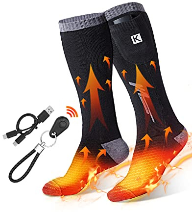 KEMIMOTO Calze riscaldabili con telecomando, 2600 mAh*2 calze riscaldate, batterie ricaricabili, calze invernali in cotone scaldapiedi per sci, caccia