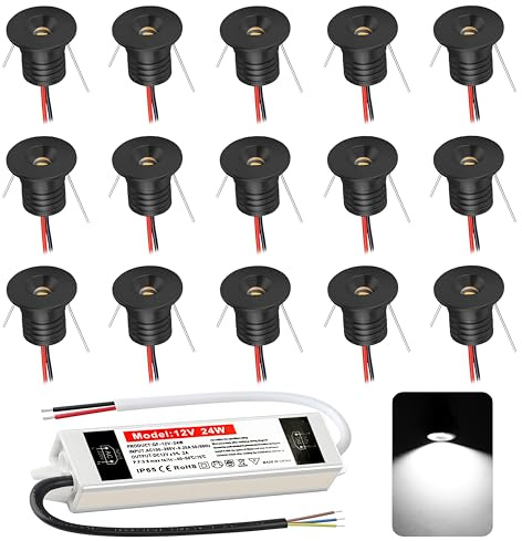 Einbaustrahler LED 1W, mini led Spot,led einbaustrahler 12V Lochmaß 15-18mm,Deckenspots IP65 Einbauspots Kaltweiß,Led spot für Carport Badezimmer Küche,mit 230V Trafo,15er set (Schwarz Kaltweiß 6000k)