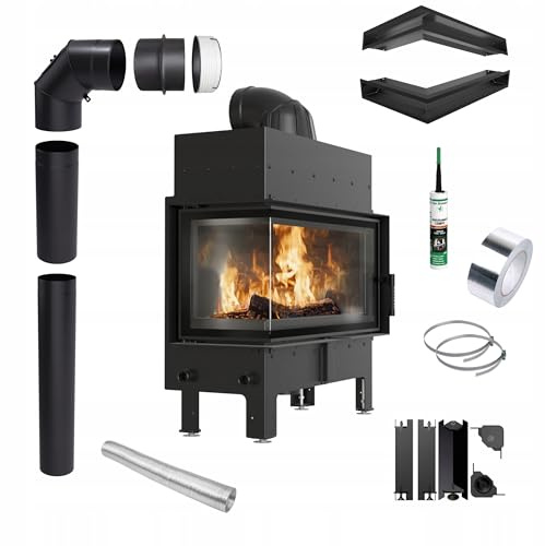 Inserto per camino a legna in acciaio Floki ∅200 12 kW BImSchV 2 efficienza 83% inserti camino in legno, gamma di potenza 4 – 13 kW, set completo con accessori ECK nero