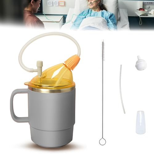 WIYETY Gobelet de 500 ml pour personnes âgées : gobelet en acier inoxydable avec couvercle et anse, gobelet dysphagie avec paille de 30 cm, tasse à bec anti-fuite pour personnes âgées, pour les